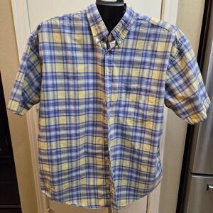 Sun River Mens Large Short Sleeve Button Down Shirt Blue Yellow Plaid Cotton L
